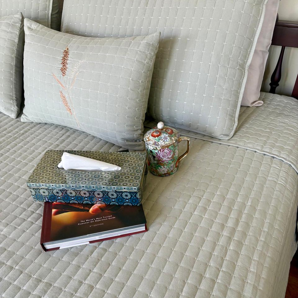 Book, tissue box, and mug on a light gray sofa